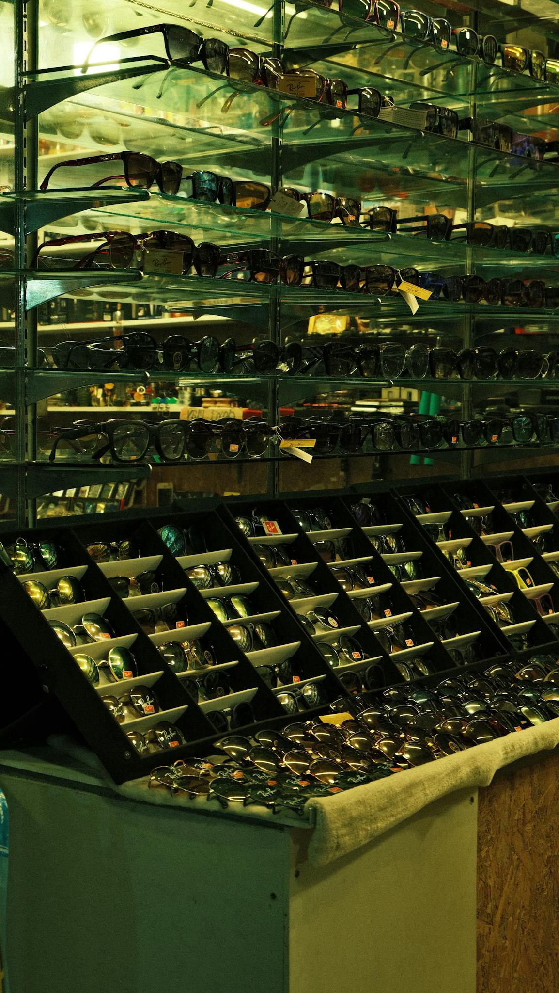 A diverse collection of eyeglasses displayed in a retail setting, showcasing variety and style.